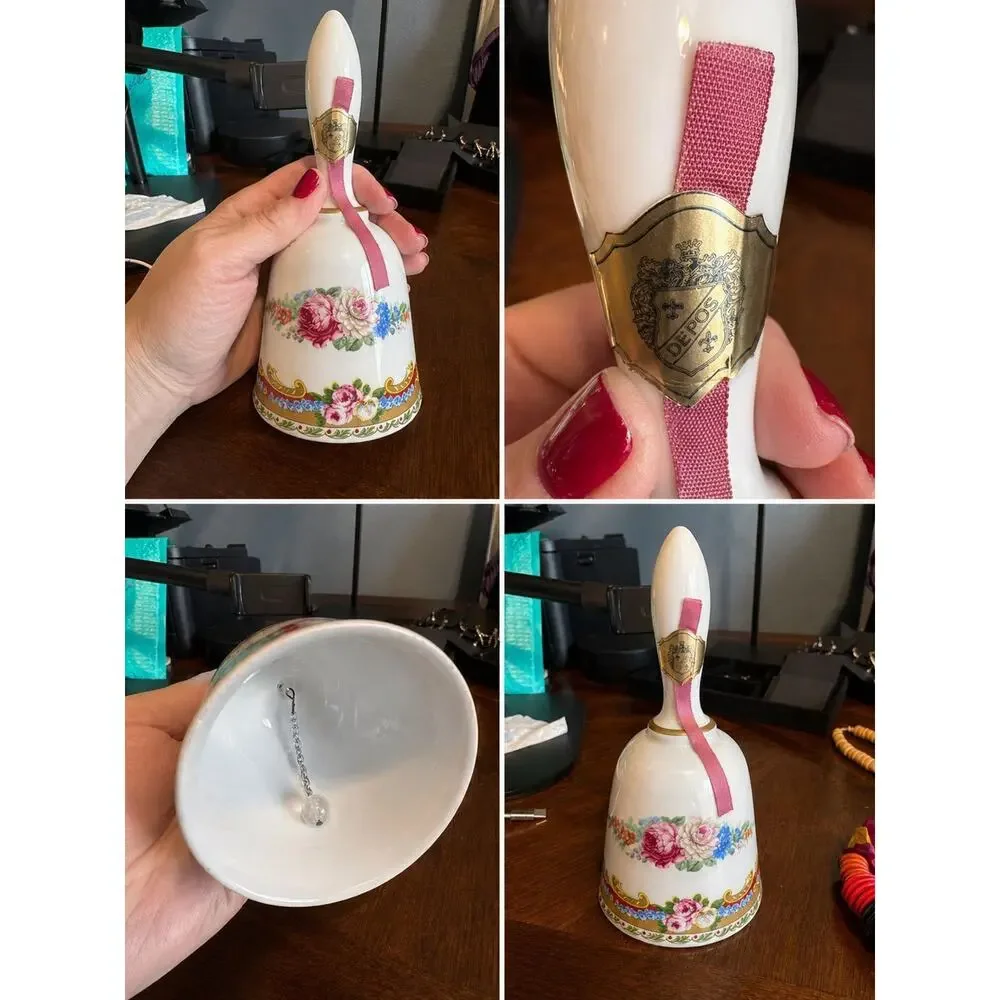 Vintage DEPOS Italy Porcelain Bell Floral Gold Trim Pink Ribbon Collectible
